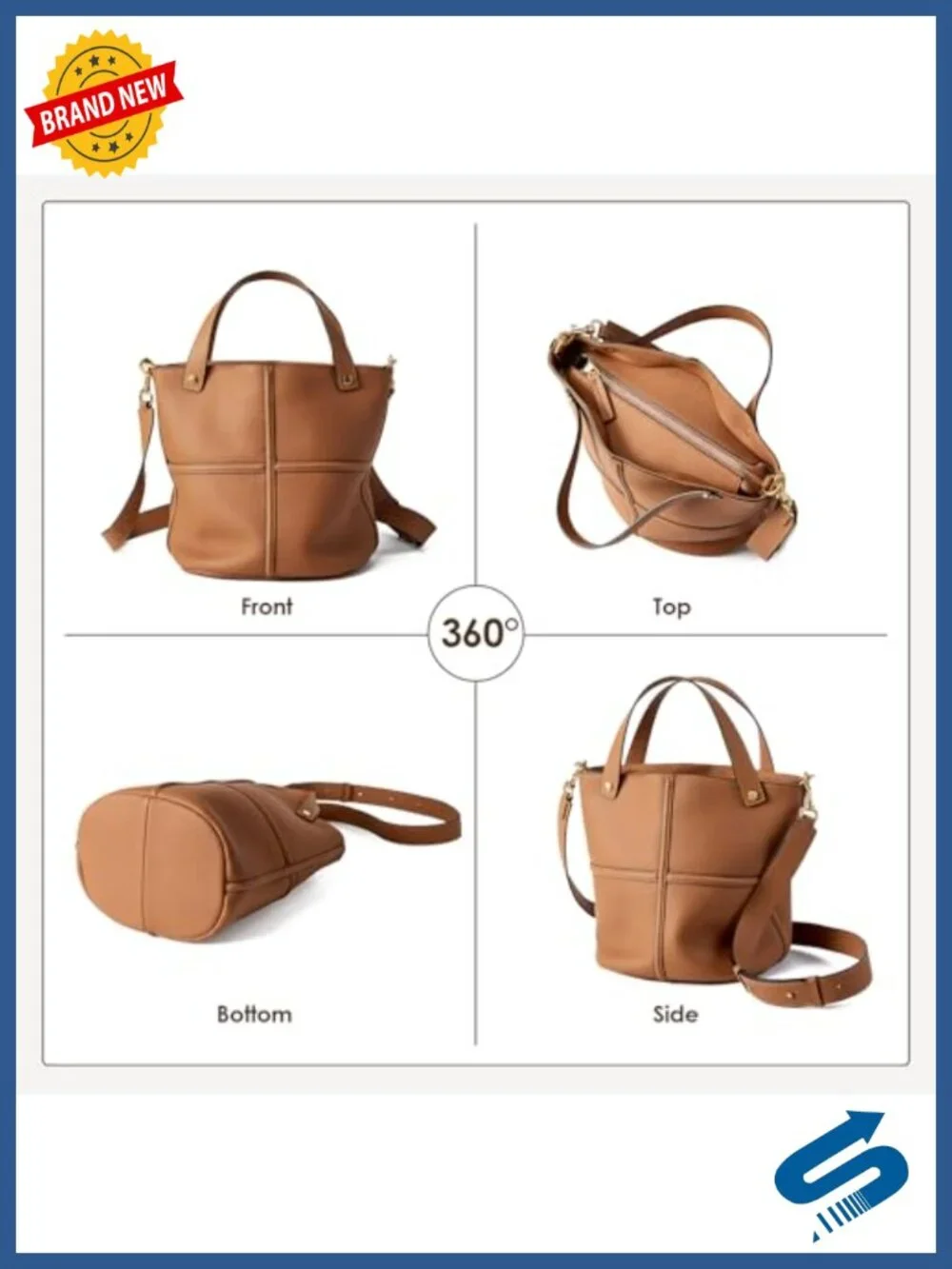Leather Bucket Crossbody Bag for Women - Adjustable Strap, Top Handle